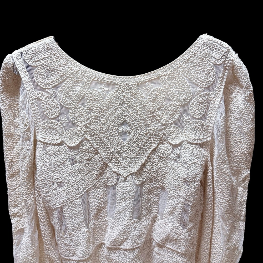 Women's S Ultra Pink  Crochet & Mesh Cream Long Sleeve Top Boho‎ Festival EUC